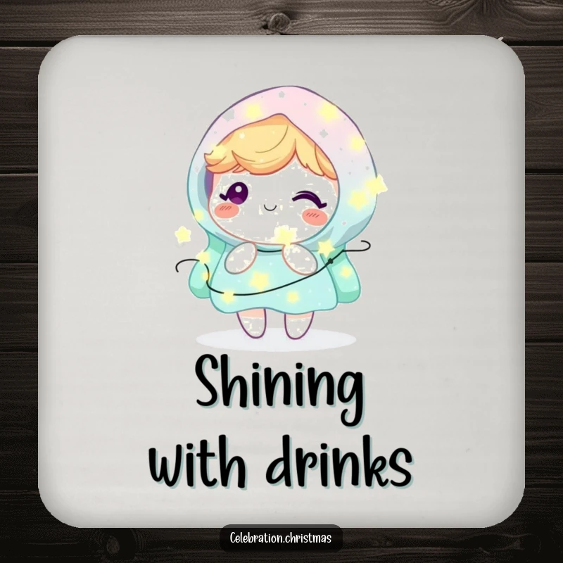 Funny Kawaii Character Coaster: A cute character joyfully adorned with twinkling fairy lights, adding humor to any table.