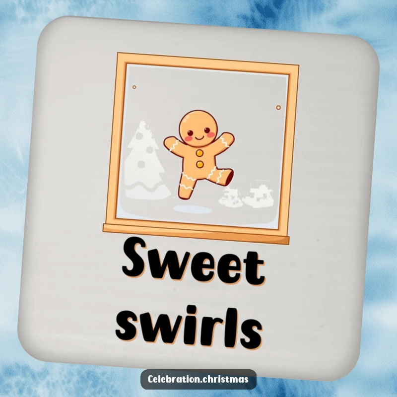 Funny, joyful kawaii gingerbread person playfully dancing on a frosted window pane on a protective drink coaster.
