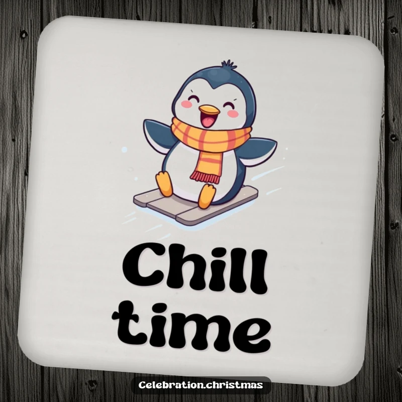 Funny Kawaii penguin coaster with a cute penguin in a scarf sliding down a snowy hill, protecting furniture.
