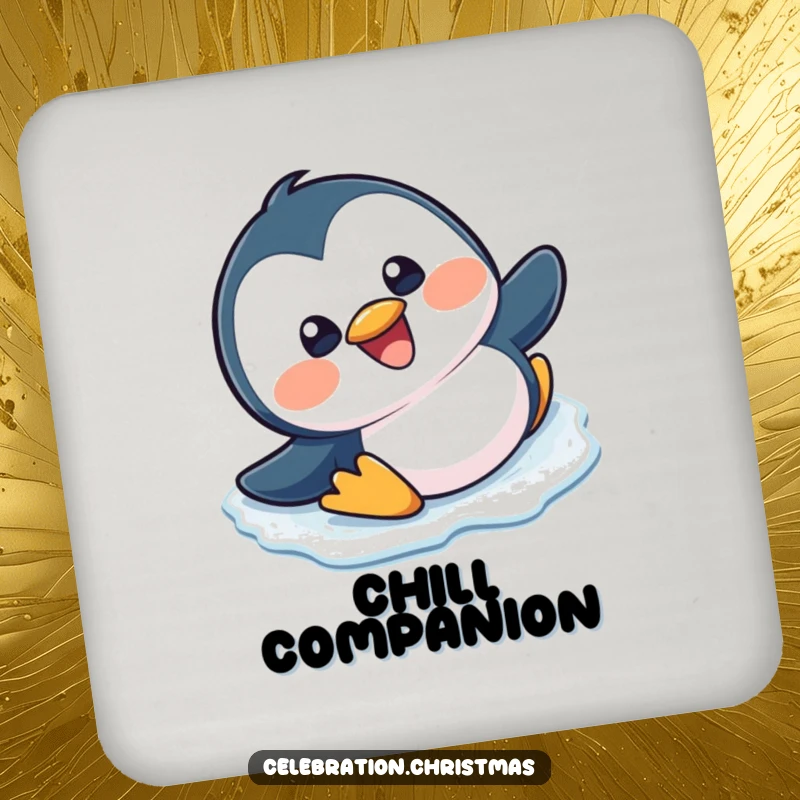 Funny, happy kawaii penguin slipping and sliding on ice with a big grin on a protective drink coaster.
