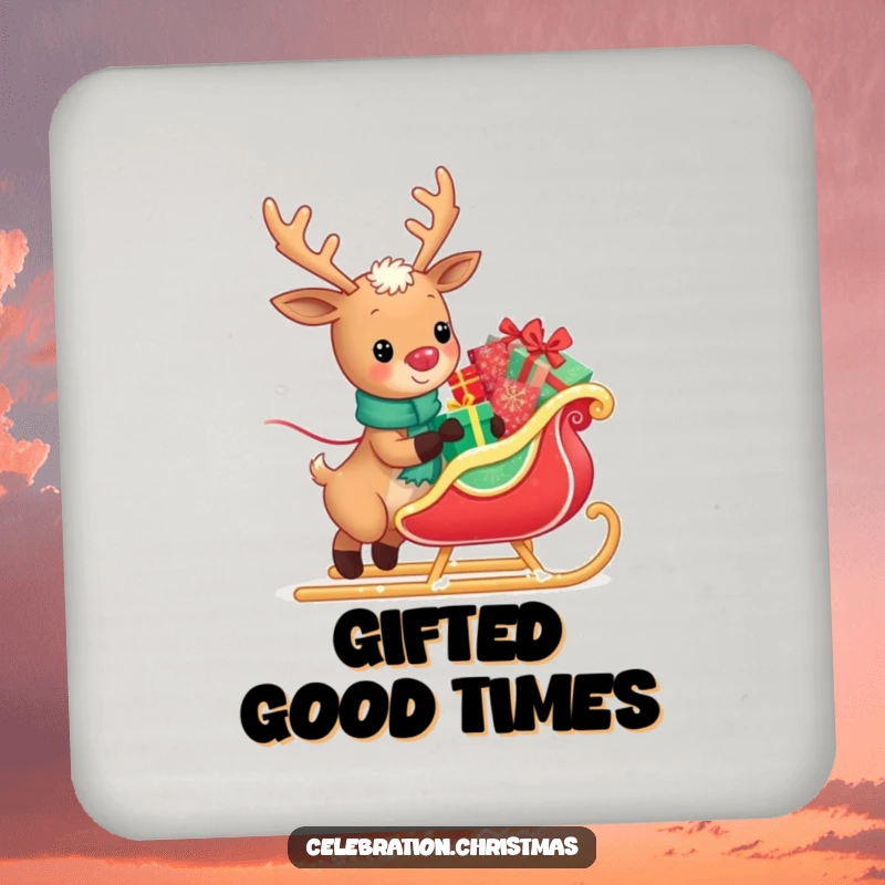 Funny drink coaster with a kawaii reindeer happily pulling a sleigh loaded with presents, adding festive cheer and protection to any surface.