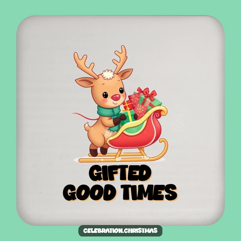 Funny Kawaii Reindeer Sleigh Puller Coaster - Festive Surface Art Gift
