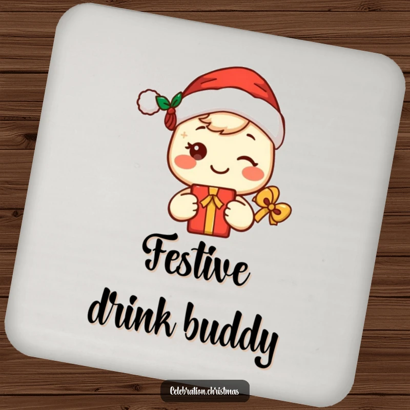 Funny kawaii Santa coaster featuring a cute, smiling character with a Santa hat and gift, protecting surfaces with holiday cheer.