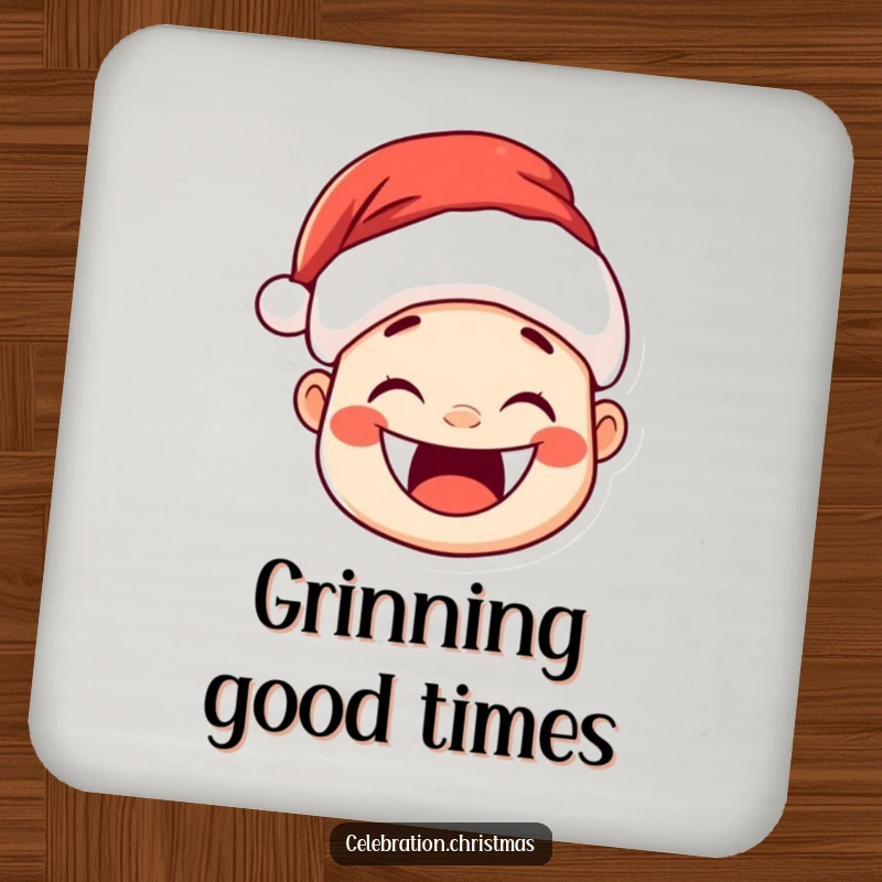 Funny Kawaii Santa Hat Coaster: A cute Santa hat character with a huge, joyful grin and rosy cheeks.