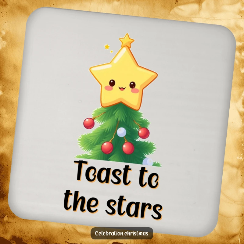 Funny kawaii star topper drink coaster, a cute star character twinkling on a festive tree, protecting surfaces.