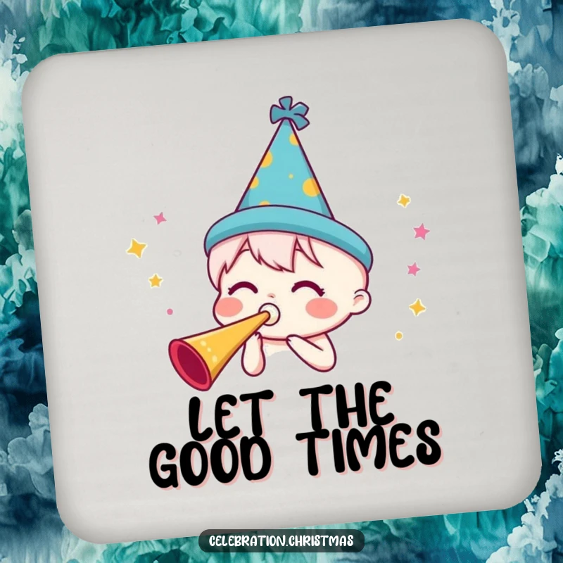 Funny party horn drink coasters featuring a character in a festive hat blowing a horn, adding a touch of celebration to tables.