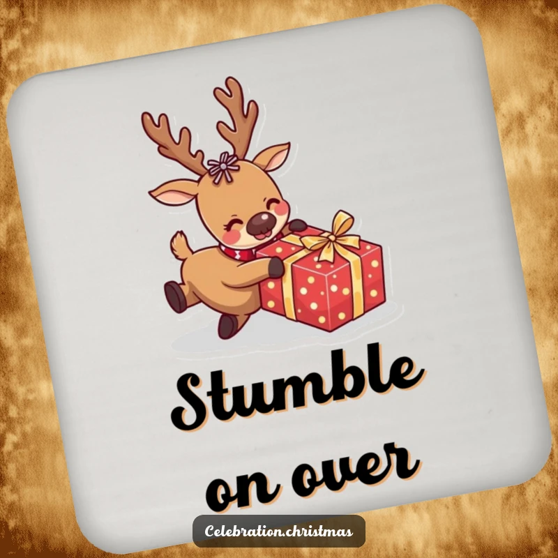 Funny reindeer coaster showcasing a comical character tripping over a wrapped present, a humorous and functional home accessory.