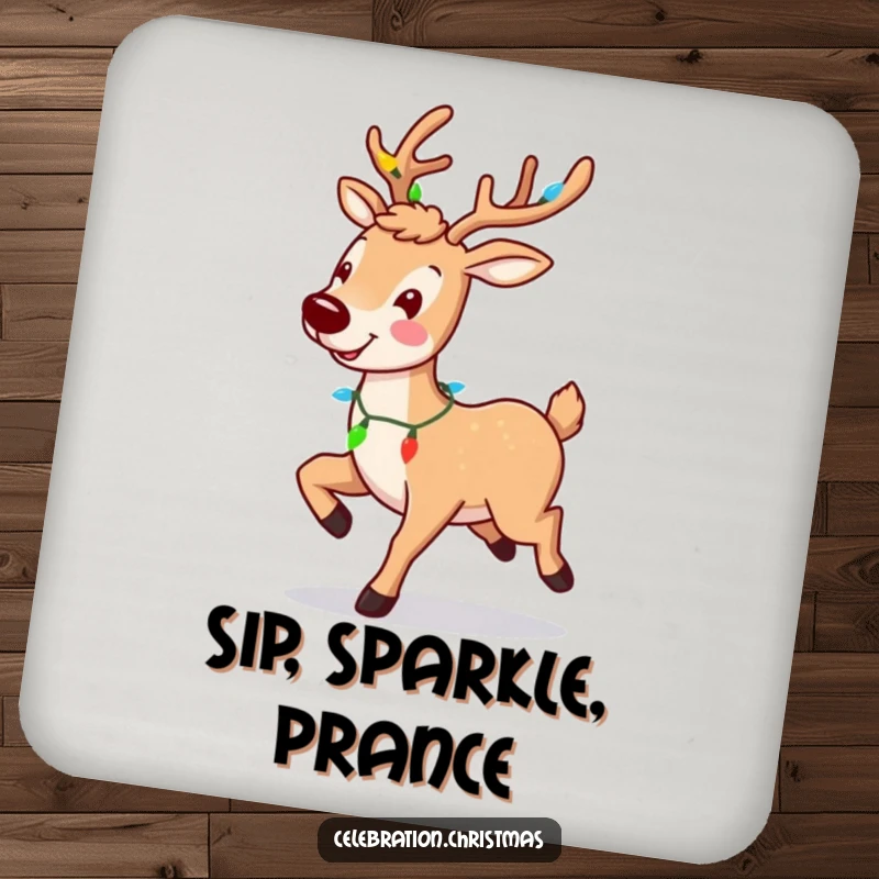 Funny reindeer drink coaster with a smiling, prancing character, protecting surfaces with festive holiday humor.