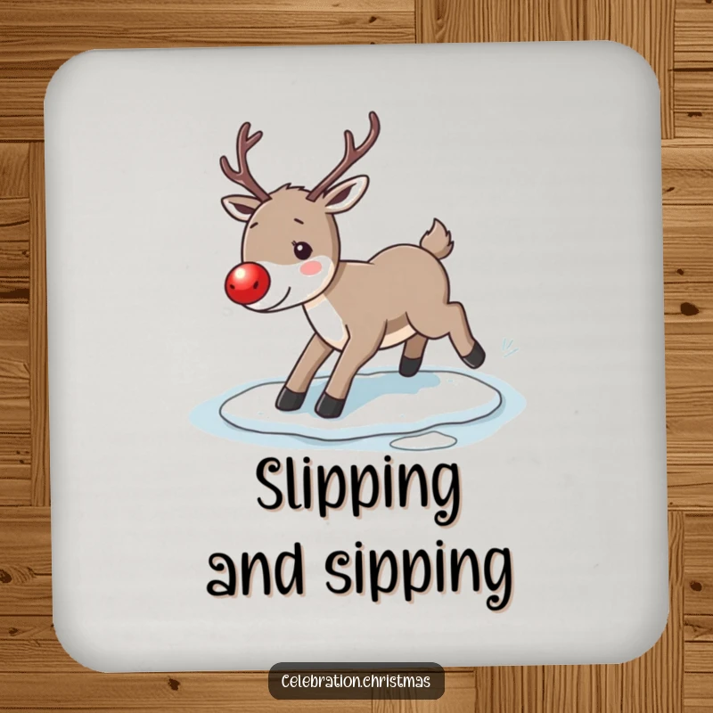Funny reindeer drink coasters, illustrating a reindeer with a red nose comically slipping on ice, protecting surfaces with cheer.