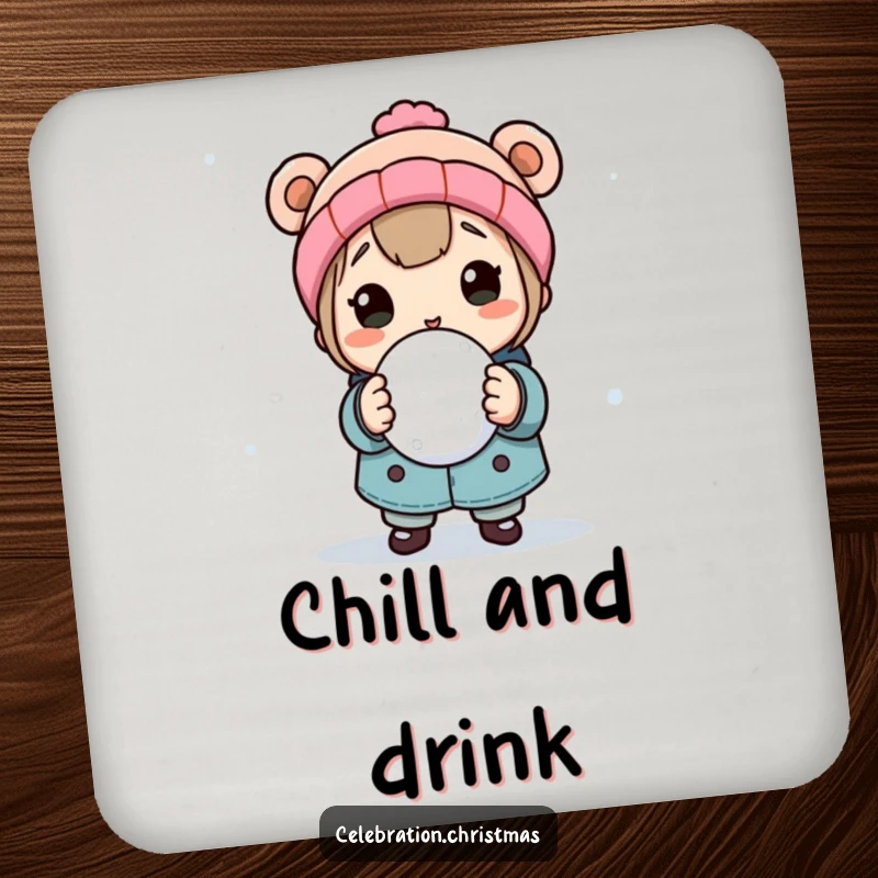 Funny drink coaster featuring a character holding a snowball, ready for a playful throw, perfect for protecting surfaces with winter charm.