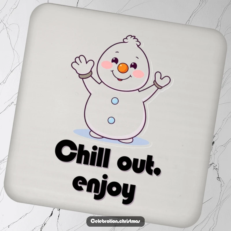 Funny drink coasters featuring a cheerful snowman with a carrot nose waving, protecting surfaces with holiday spirit.