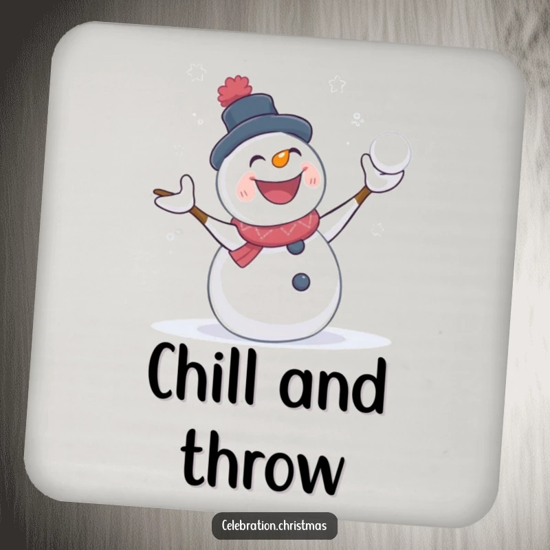 Funny snowman coaster showcasing a character in a happy snowball fight, a humorous and functional home accessory.