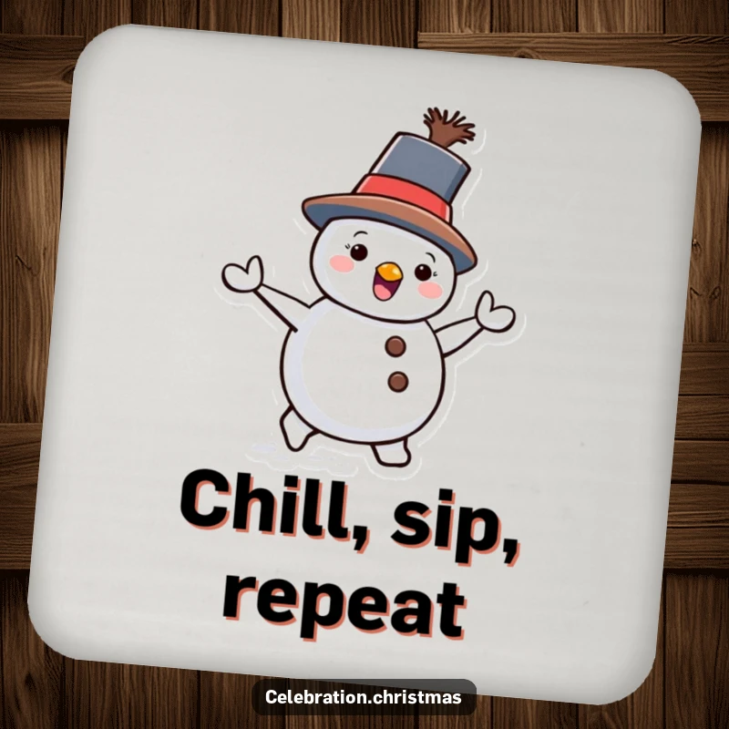 Funny Snowman Coaster featuring a tilted hat and a joyous waddle, protecting surfaces with winter humor.
