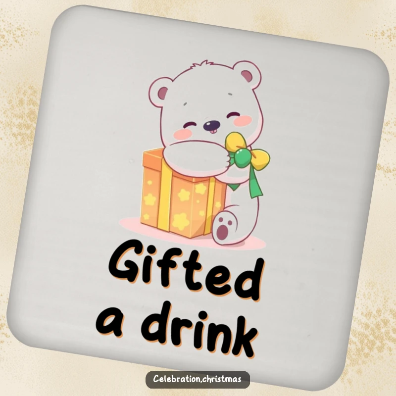 Funny kawaii polar bear coasters featuring a joyful character hugging a glowing present, perfect for protecting surfaces with a happy design.