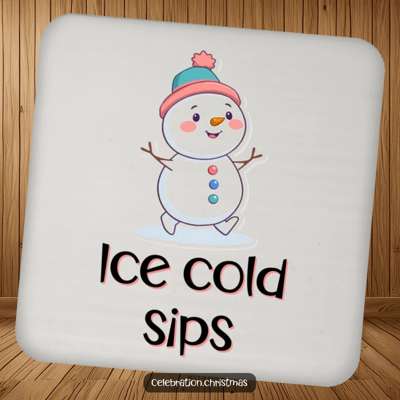 Funny coaster featuring a snowman character with a tilted hat, waddling with delight, a cute addition to any table.