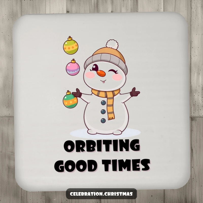 Funny kawaii snowman winking mischievously, juggling colorful Christmas ornaments on a protective drink coaster.
