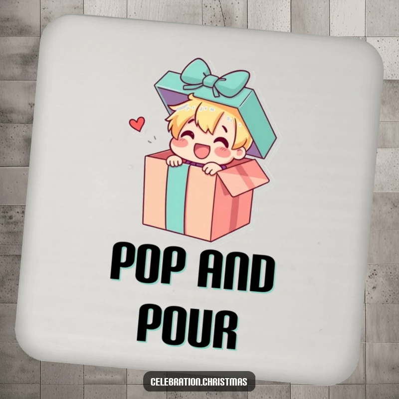 Funny drink coaster featuring a gift box character cheerfully popping open to reveal a surprise, perfect for protecting surfaces with charm.