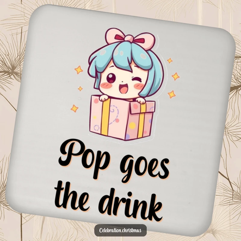 Funny drink coasters featuring a present character bursting open with an excited wiggle, adding festive humor.