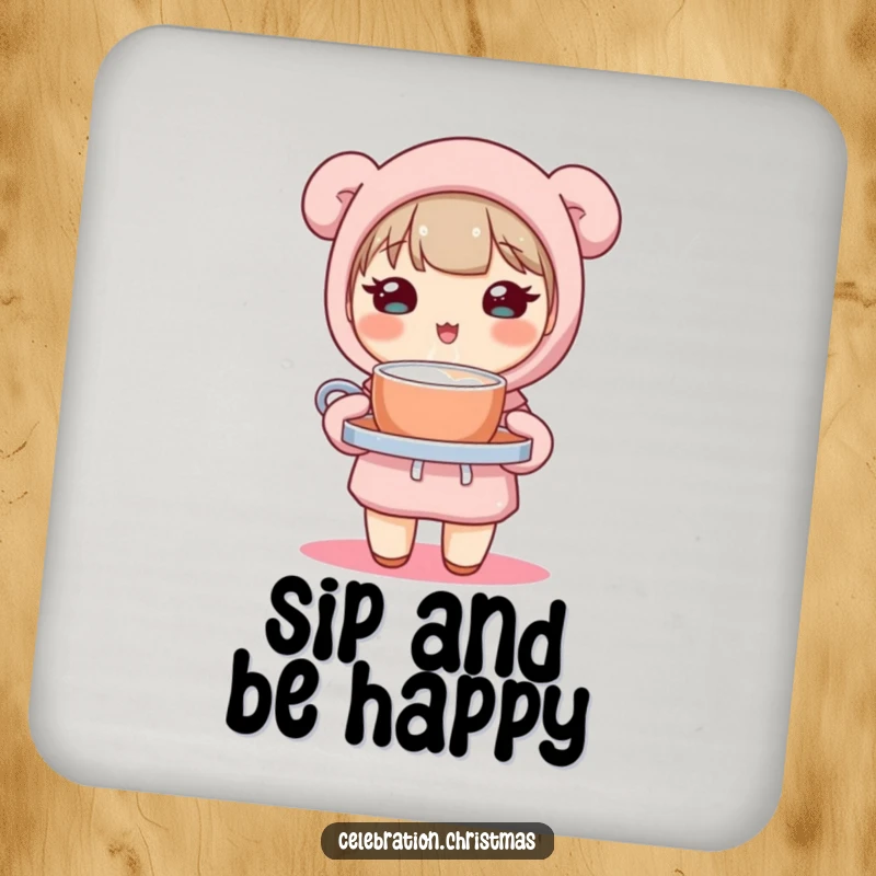 Funny drink coaster featuring a cute kawaii character holding a tray of steaming hot cocoa, adding adorable humor to tables.