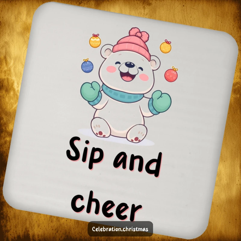 Funny Cute polar bear coaster with a bear in mittens juggling colorful baubles with a delighted grin, protecting furniture.