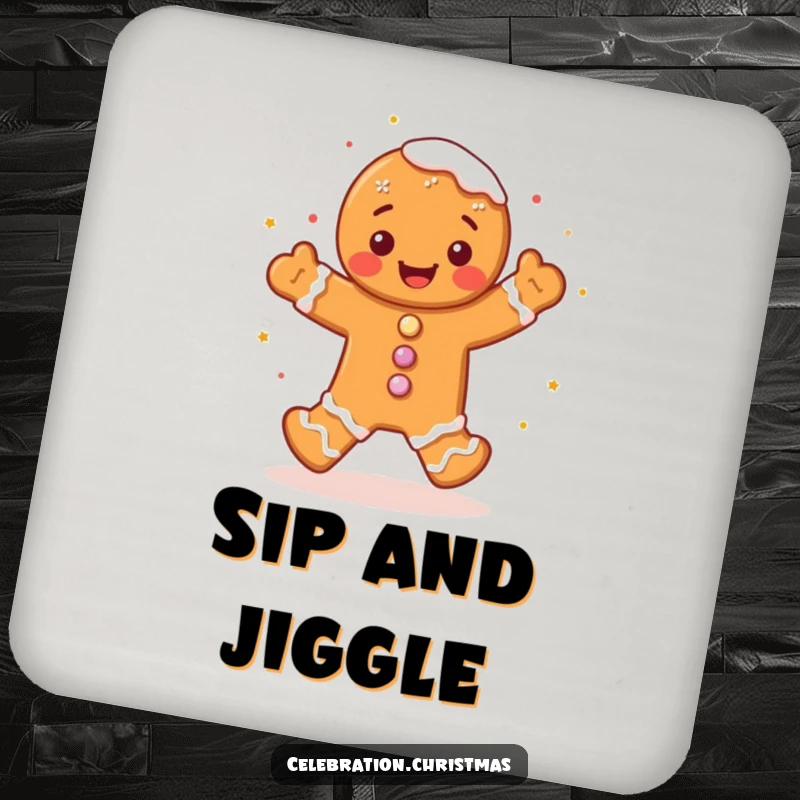 Funny gingerbread man coaster showcasing a cute character doing a joyful jig with frosting sprinkles, a festive and functional home accessory.