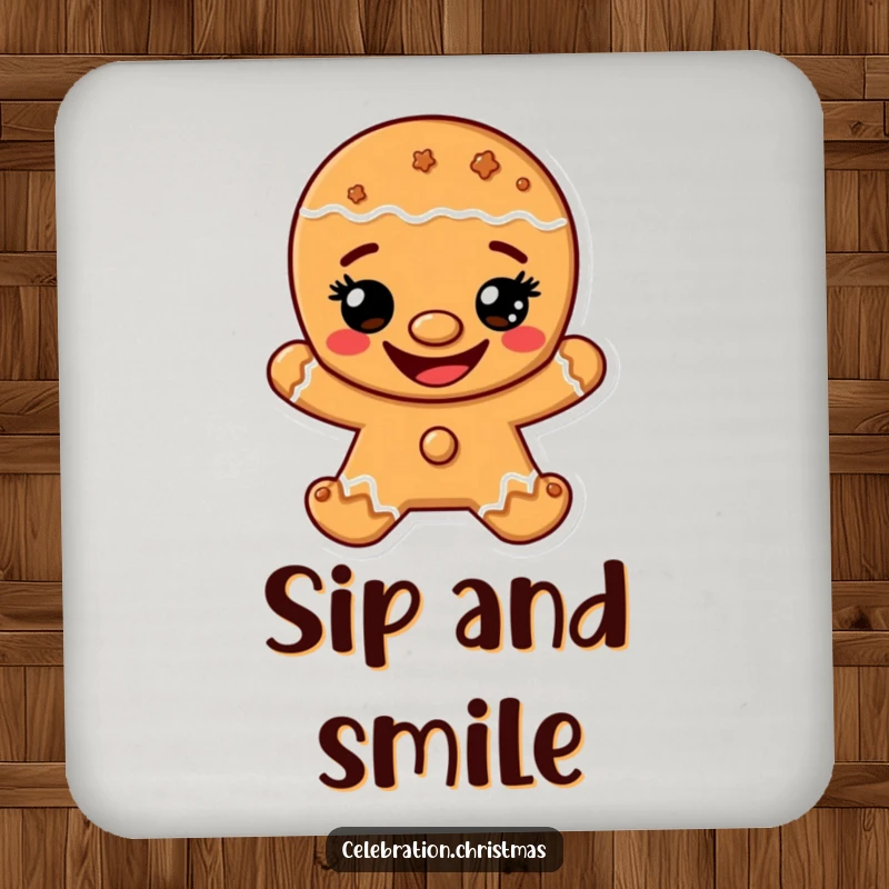 Funny coaster featuring a gingerbread man character with a wide, happy cookie grin, a cute addition to any table.