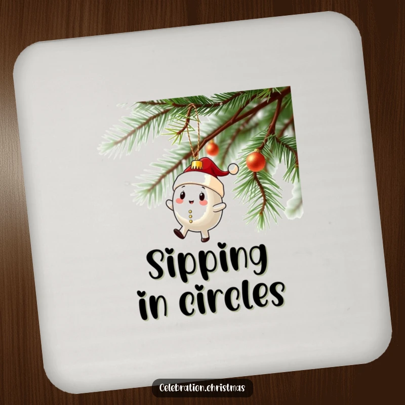 Funny drink coasters featuring a Christmas ornament character doing a funny wobbly spin, adding festive humor to tables.