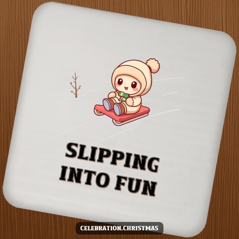 Funny kawaii character sledding down a snowy hill, featured on a set of humorous drink coasters.