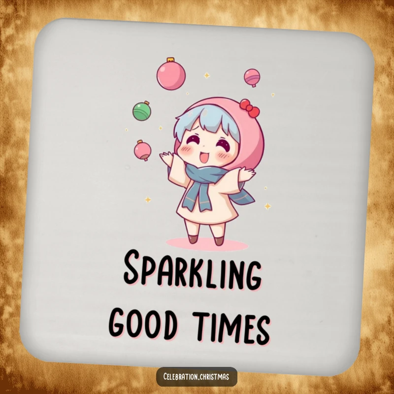 Funny Kawaii Character Coaster: A cute character joyfully tosses sparkly ornaments with abandon, adding festive humor to tables.