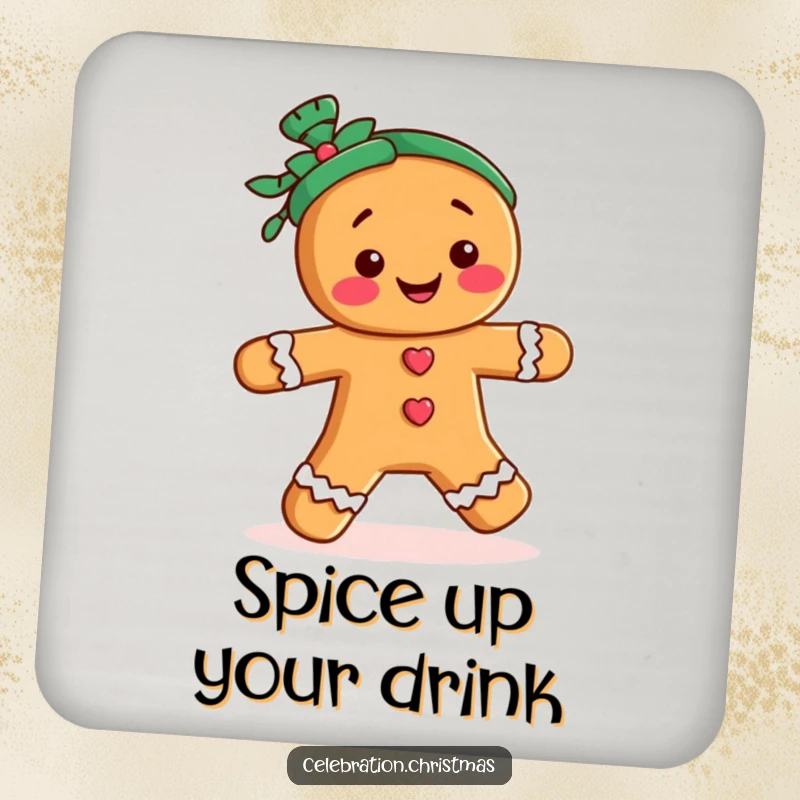 Funny drink coasters featuring a gingerbread person character doing a merry jig, protecting surfaces with holiday fun.