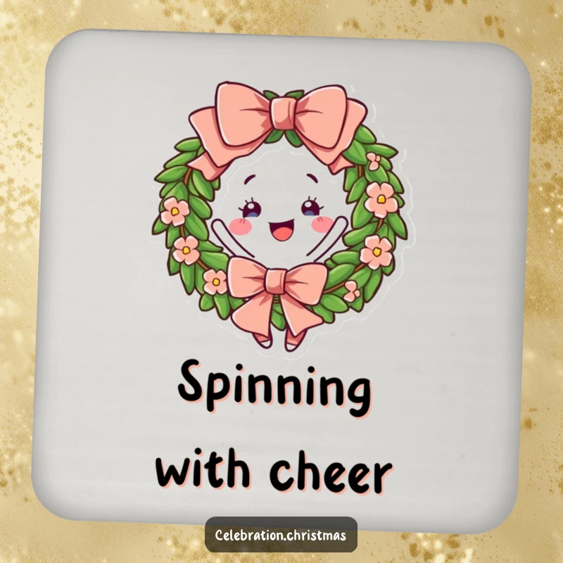 Funny Wreath Coaster featuring a cheerful bow and a joyful twirl, protecting surfaces with holiday humor.