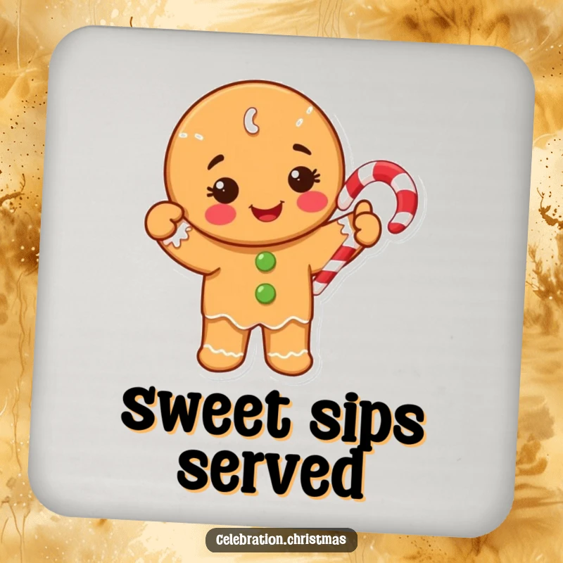 Funny Coaster featuring a happy gingerbread cookie character waving a candy cane, ideal for holiday table protection.