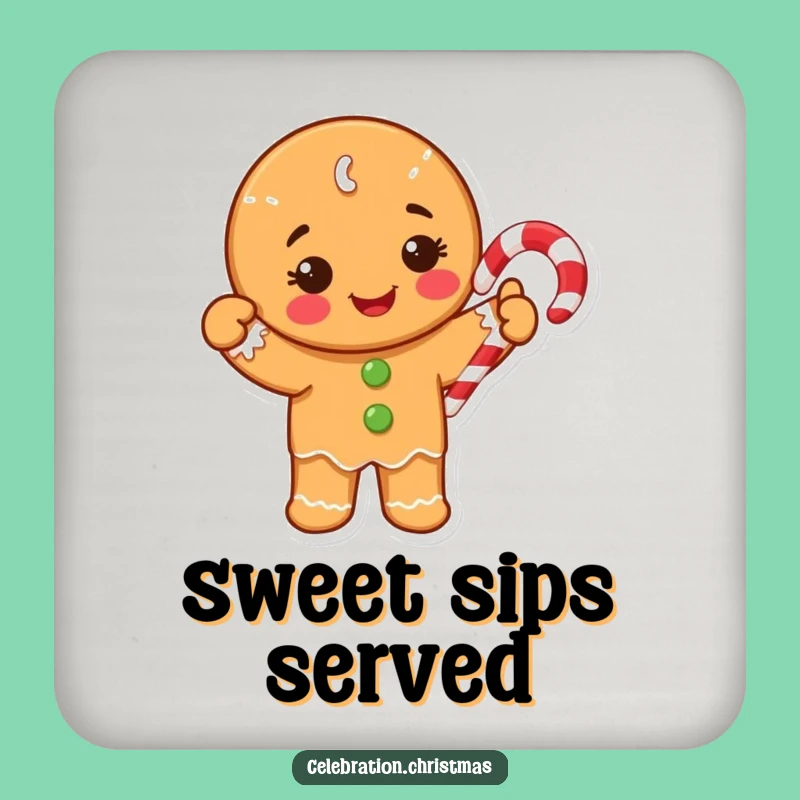 Funny Gingerbread Coaster: Happy Cookie Waving Candy Cane Table Protection