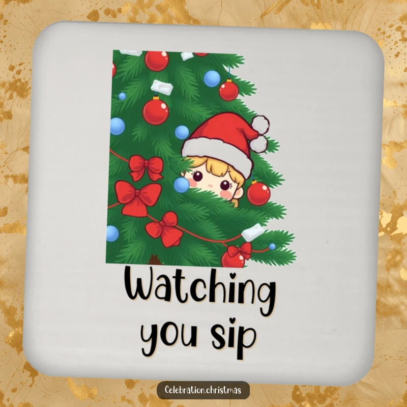 Funny drink coaster showcasing a Santa hat character peeking out, protecting furniture with a touch of holiday humor.