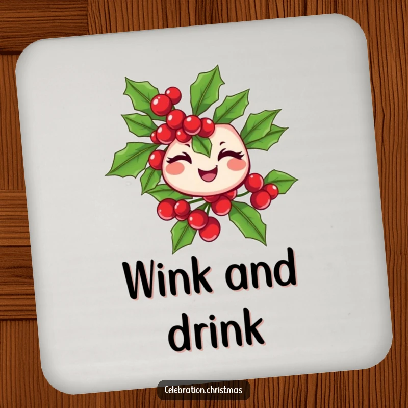 Funny winking holly branch coasters with cheerful berries, protecting surfaces with holiday cheer, a great funny gift.