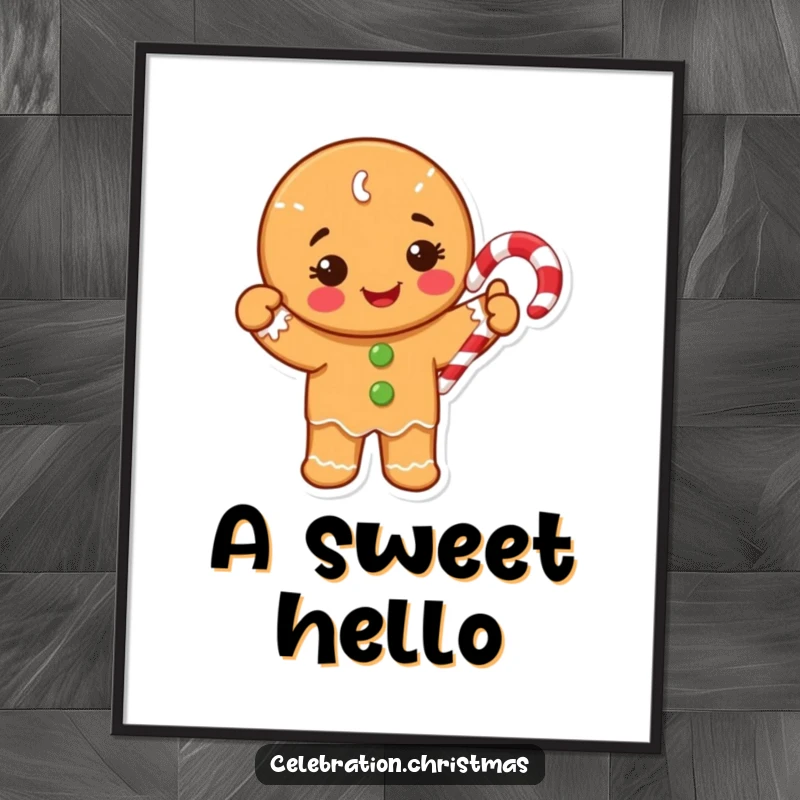 Funny Poster of a happy gingerbread cookie character cheerfully waving a candy cane, festive and sweet wall decor.