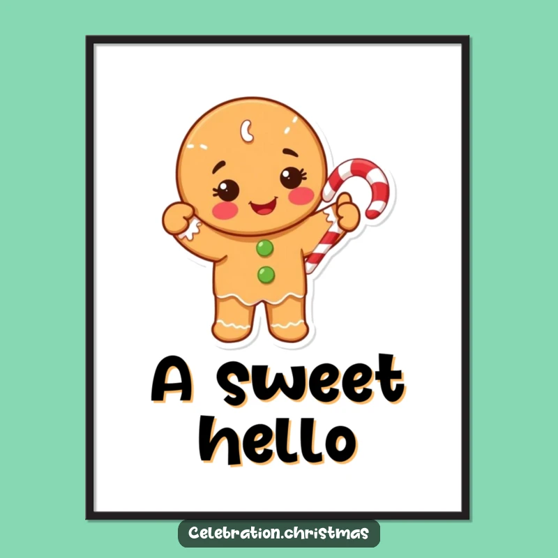 Funny Gingerbread Poster: Happy Cookie Waving Candy Cane Holiday Art