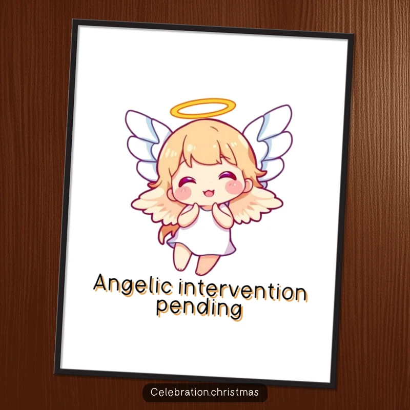 Funny poster print of an angel character joyfully flapping its wings, a delightful piece of celestial art, funny gift.