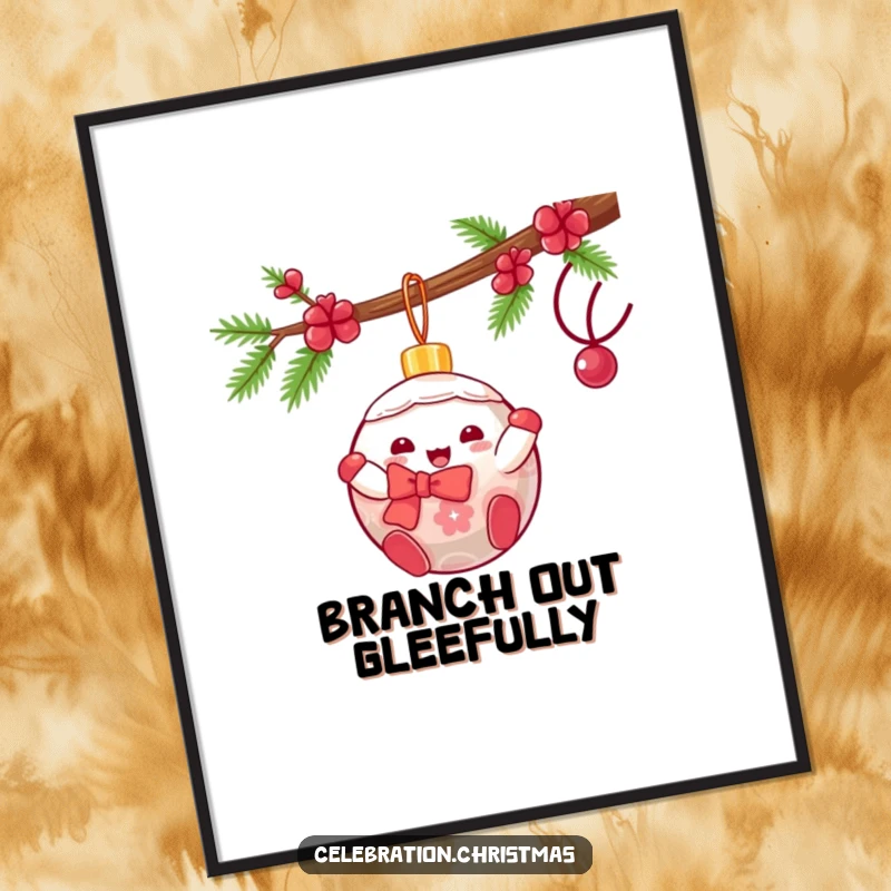 Funny kawaii Christmas ornament poster depicting a gleeful character swinging from a branch, perfect for festive wall art.