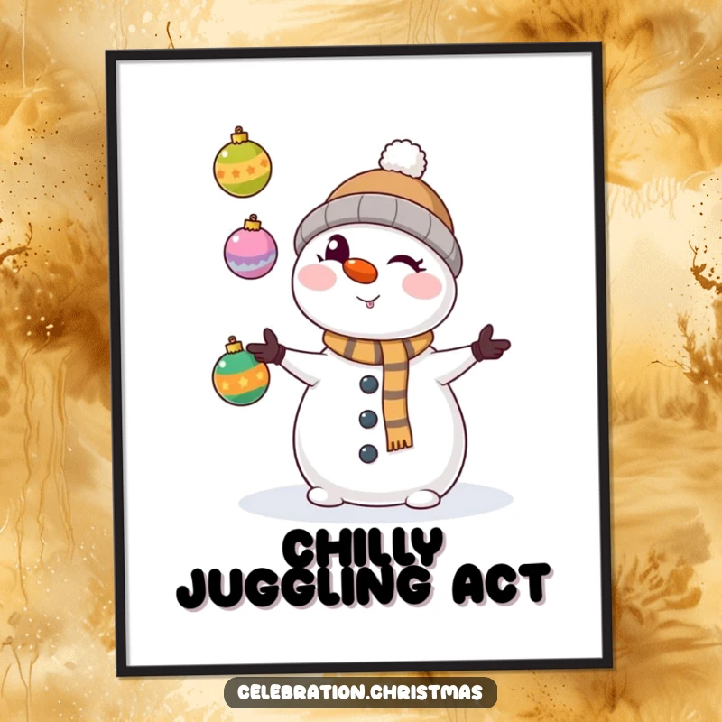 Funny kawaii snowman winking mischievously, juggling colorful Christmas ornaments on a vibrant poster, festive wall art.