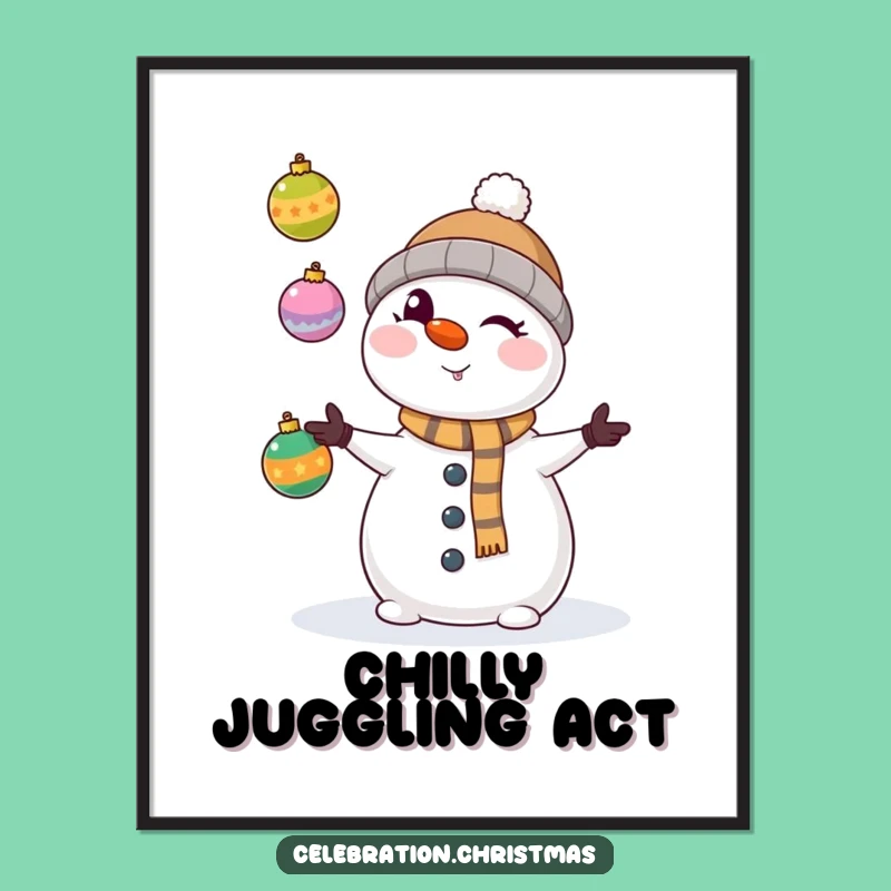 Funny Kawaii Snowman Juggling Ornaments Poster - Hilarious Holiday Wall Art