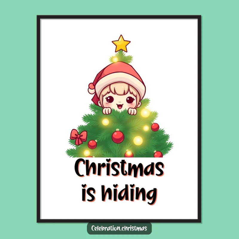 Funny Kawaii Christmas Tree Peek Poster: Festive Wall Art for Holiday Cheer