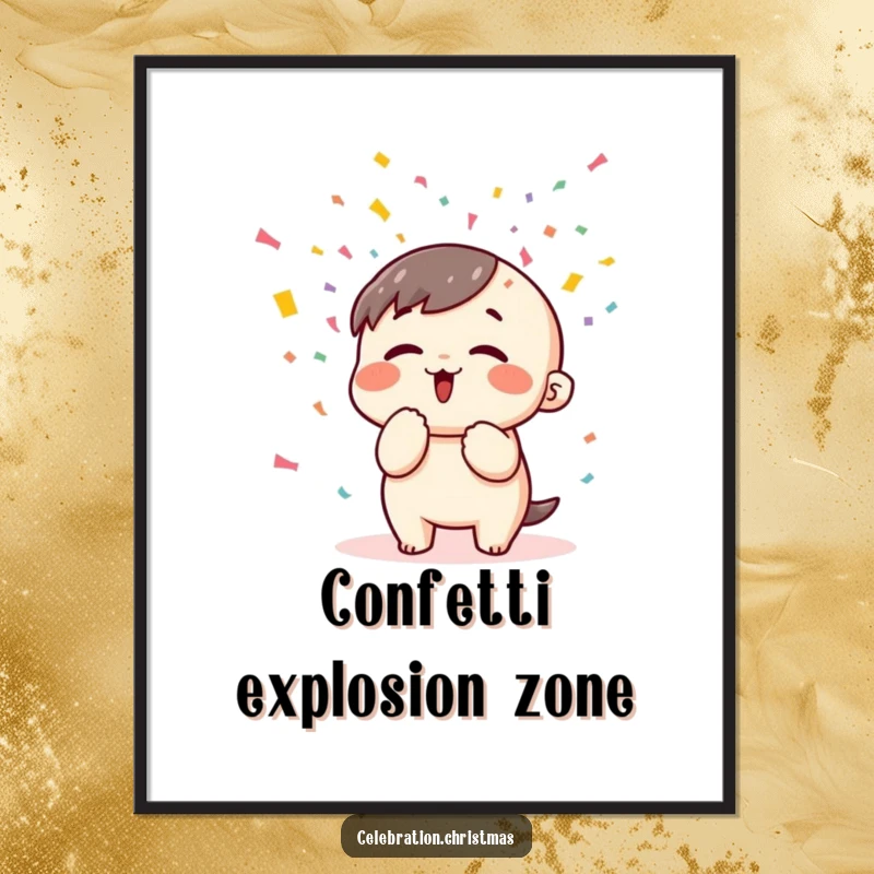 Funny kawaii character blowing a colorful burst of confetti into the air with great enthusiasm, displayed on a poster.