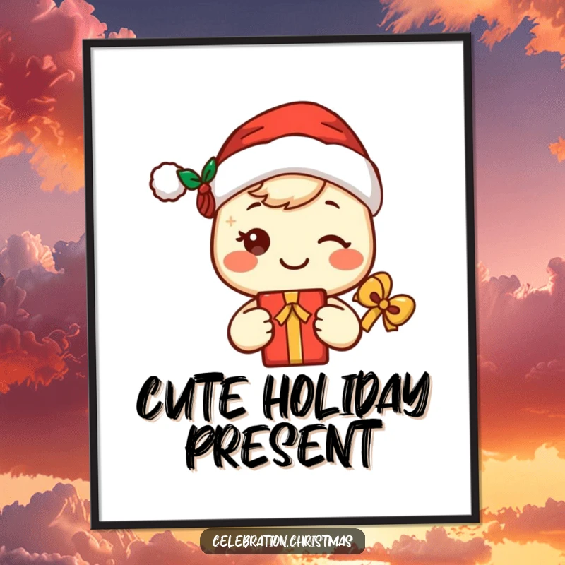 Funny kawaii Santa poster featuring a cute, smiling character in a Santa hat holding a gift, perfect for festive wall decor.