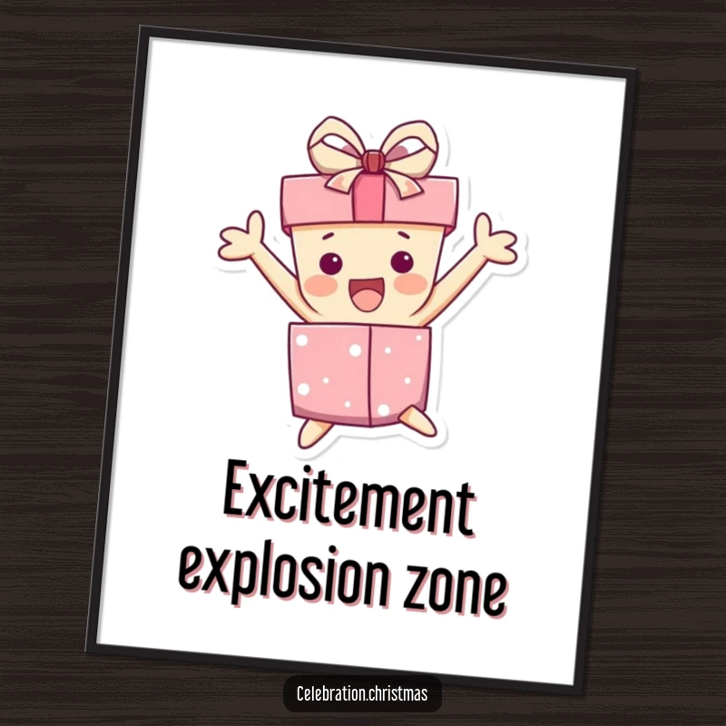 Funny poster of a gift box character leaping high with excitement, its ribbon flying askew, capturing a moment of pure celebratory bliss.