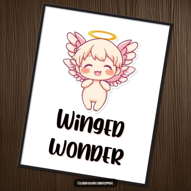 Funny Angel Poster showcasing a character with wings flapping joyfully, bringing heavenly inspiration and art.