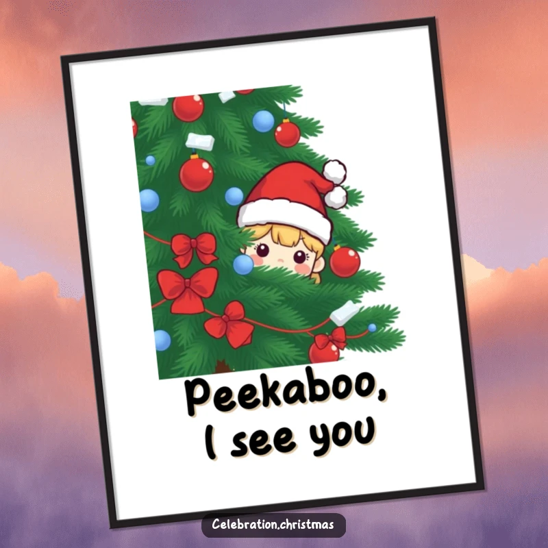 Funny poster print of a Santa hat character peeking from behind a Christmas tree, adding a whimsical and humorous touch to decor.