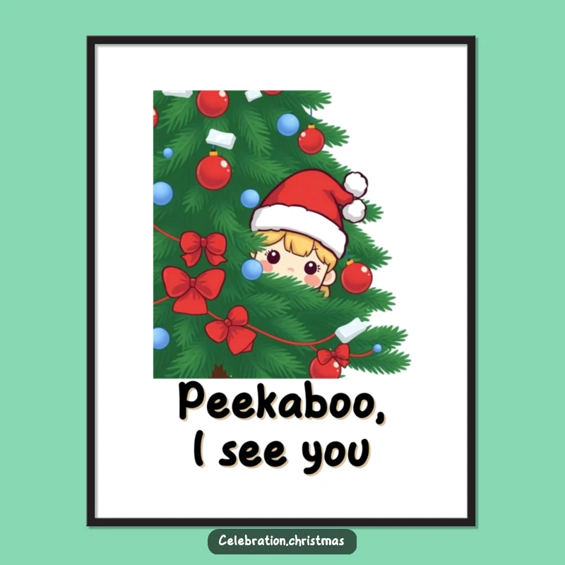 Funny Christmas Tree Scene Poster: Santa Hat Character, Perfect Wall Art