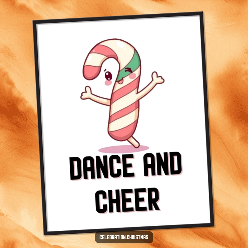 Funny cheerful candy cane poster doing a little dance, ideal for holiday decor and a funny gift.
