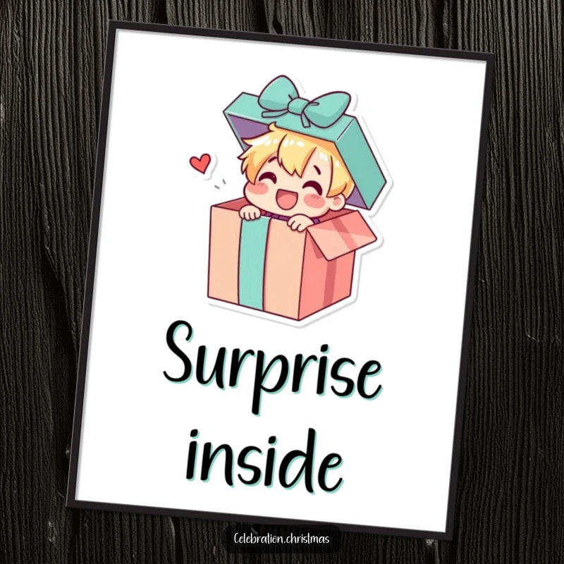 Funny art print poster of a gift box character cheerfully popping open, releasing a delightful surprise, symbolizing joy and fun for any space.